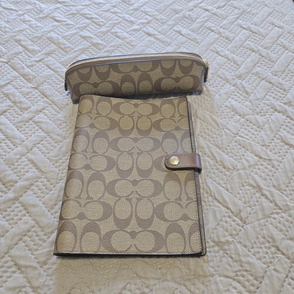 Coach Signature Beige and Brown Notebook Cover And Pencil Pouch Set